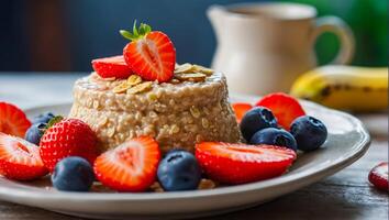 AI generated delicious oatmeal in a beautiful plate, blueberries, strawberries, banana, on the table photo