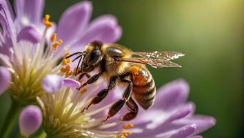 AI generated bee on a beautiful flower macro photo