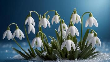 AI generated beautiful snowdrops on a blue background photo