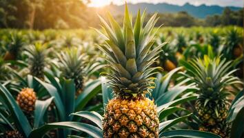 AI generated Harvest of fresh pineapples growing in the garden photo