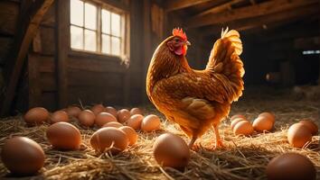 AI generated Chicken with eggs in the barn photo