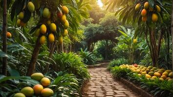 Beautiful alley with mango trees in the garden photo