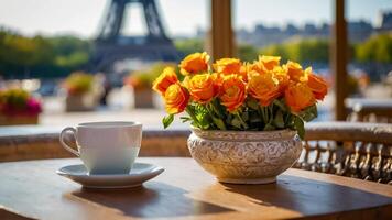 ai generado taza de café, flores en contra el antecedentes de el eiffel torre, París foto