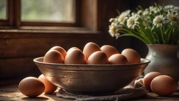 AI generated Fresh eggs in a plate in the kitchen photo