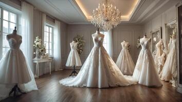 AI generated Beautiful wedding dresses in the salon photo