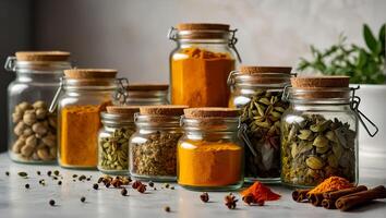 AI generated many different dry spices in glass jars in the kitchen photo