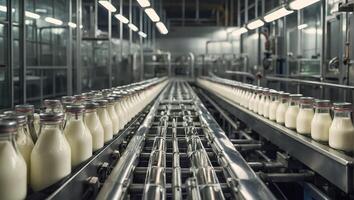 AI generated Conveyor with milk bottles photo