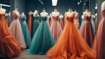 AI generated Beautiful evening dresses in the salon photo