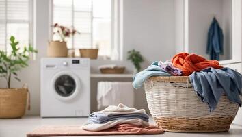 AI generated Basket with colored laundry for washing in laundry room photo