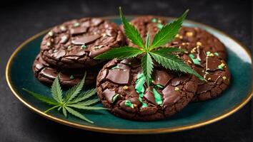 AI generated Delicious chocolate cookies, marijuana leaf photo