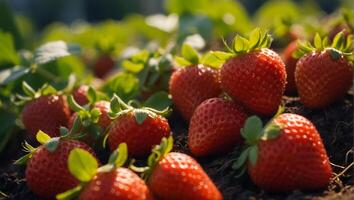 ai generado Fresco fresas en el jardín de cerca foto