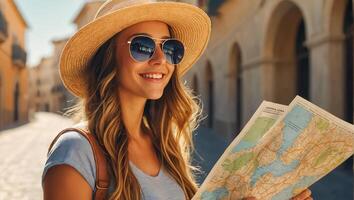 AI generated Beautiful girl tourist with a map in her hands in the city photo