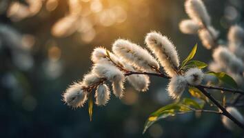 AI generated fluffy willow branch in nature photo