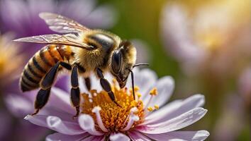 AI generated bee on a beautiful flower macro photo