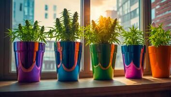 AI generated Flowerpot with marijuana plant on the windowsill photo