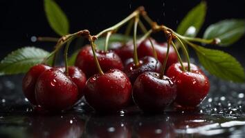 AI generated Juicy ripe cherries on a dark background photo