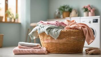 AI generated Basket with colored laundry for washing in laundry room photo