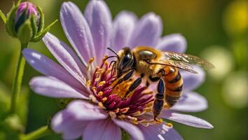 AI generated bee on a beautiful flower macro photo