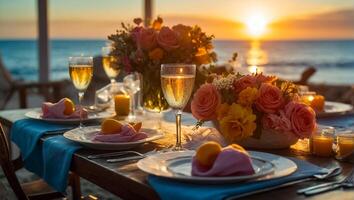 AI generated Table, glasses of champagne, beautiful flowers, sea photo