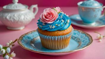 AI generated Beautiful cupcake with cream and flowers photo