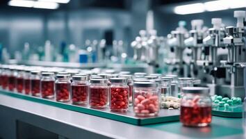 AI generated production line, various medicinal tablets and capsules photo