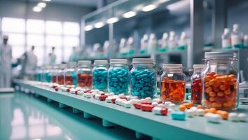 AI generated production line, various medicinal tablets and capsules photo