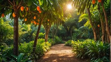 Beautiful alley with mango trees in the garden photo