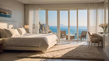 AI generated Beautiful hotel room with sea view photo