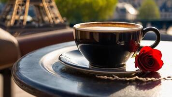 ai generado taza de café, flores en contra el antecedentes de el eiffel torre, París foto