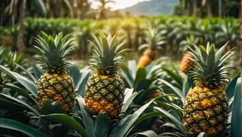 AI generated Harvest of fresh pineapples growing in the garden photo