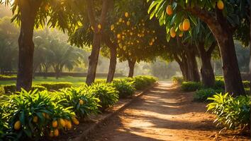 Beautiful alley with mango trees in the garden photo