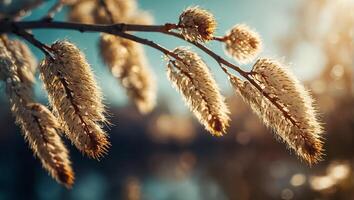 AI generated fluffy willow branch in nature photo