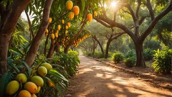 Beautiful alley with mango trees in the garden photo