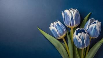 AI generated Beautiful tulip flowers on a blue background photo