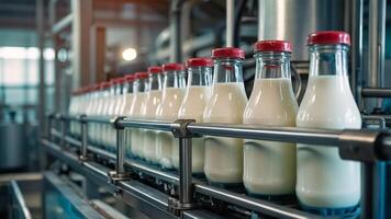 AI generated Conveyor with milk bottles photo