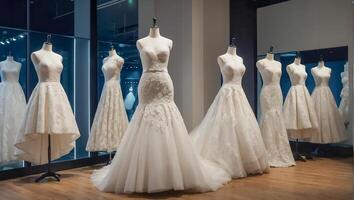 AI generated Beautiful wedding dresses in the salon photo