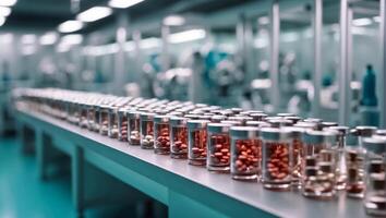 AI generated production line, various medicinal tablets and capsules photo