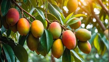 AI generated ripe mangoes on a branch in the garden photo