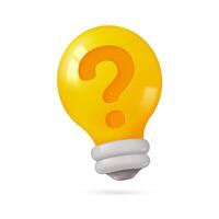 3D question mark on light bulb Ideas for finding inspiration in creating new ideas. 3D vector Illustration.