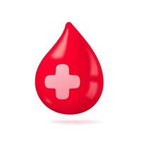 3d sangre gota. rojo sangre soltar con blanco cruzar signo. el concepto de sangre donación a salvar el vive de pacientes 3d vector ilustración.