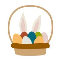 Vector Cartoon Easter Greeting card with Festive basket with Colorful painted Eggs inside and Decorated with Bunny Ears. Traditional Flat illustration for Holiday Card, Banner, Invitation, Graphic Art