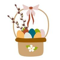 Vector cartoon style Illustration of Easter greeting card with Festive basket, colorful painted Eggs, Ribbon Bow, Willow Branches. Flat Vector Design Object isolated on White for Festive Poster.