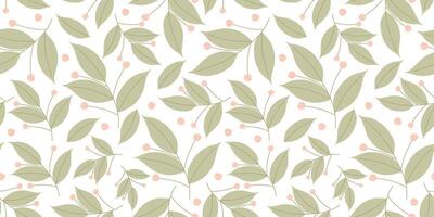 Seamless pattern Spring Green leaves with Berries. Flat Vector Template, Floral Background for Textile, Fabric, Decoration, Wallpaper, Wrapping paper. Pastel Color Cartoon Botany Foliage Backdrop.