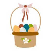 Basket with colorful Easter eggs and Ribbon Bow on white background. Vector Flat or Cartoon Holiday Illustration for Greeting Card, Poster, Banner, Invitation. Celebration Design Element, Graphic Art