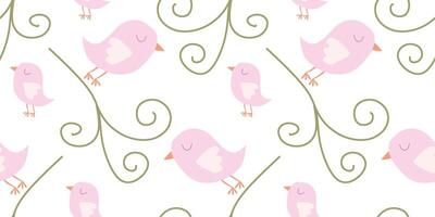 Cute Seamless Pattern with Cartoon birds and Flourish. Spring Vector Flat background in Pastel colors. Template for Wallpapers, Pattern fills, Web page Banner, Surface Textures, Fabric