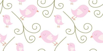 Cute Seamless Pattern with Cartoon birds and Flourish. Spring Vector Flat background in Pastel colors. Template for Wallpapers, Pattern fills, Web page Banner, Surface Textures, Fabric