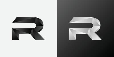 Polygonal R logo design with black and white color gradient. Geometric R logo vector