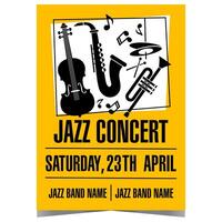 Jazz concert invitation poster or banner with a saxophone and other musical instruments. Vector design template of leaflet or flyer for music festival, live instrumental session or cultural show.