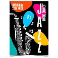 Jazz music concert invitation with a saxophone consisting of musical notes, colourful arbitrary shapes on black background. Vector template for music festival or instrumental session poster or banner.