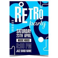 Retro music party invitation template for disco dance event at nightclub. Vector design banner, poster or flyer with abstract elements on blue background for live show or entertainment event.
